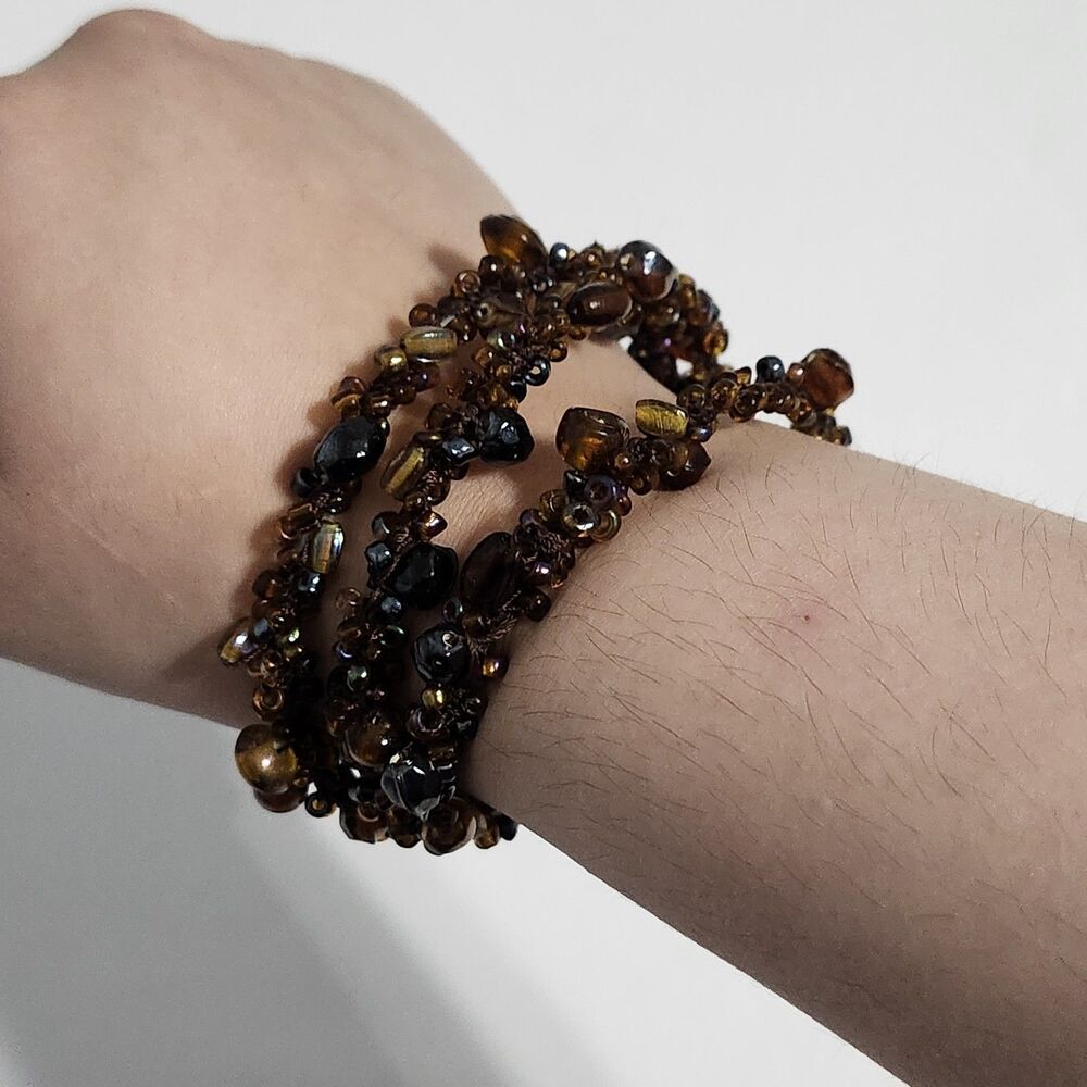 Bracelet Dark Brown Acrylic Seed Beaded Wrap Around Bangle Coil Spiral